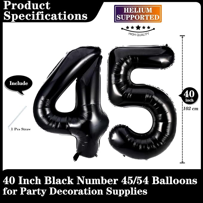 Black 45 Number Balloons, 40 Inch Giant Number 45 Balloons Foil Mylar Helium - Image 2