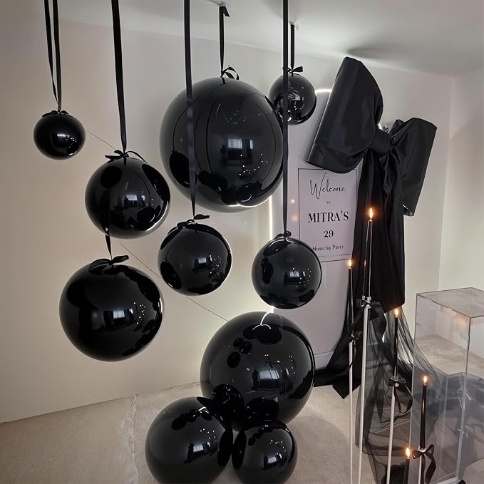 14 Pcs Black Round Foil Balloons Halloween Black 4D Ball Balloons | Black Mylar - Image 3