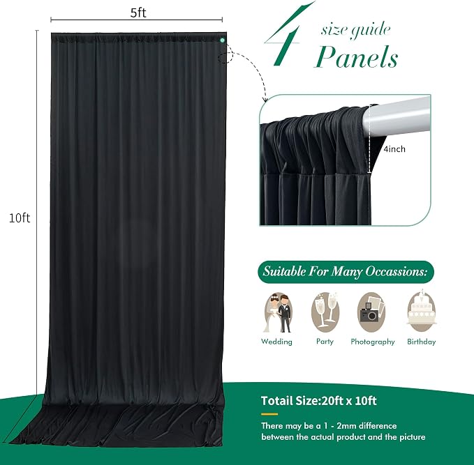 20 ft x 10 ft Wrinkle Free Black Backdrop Curtain - Image 5