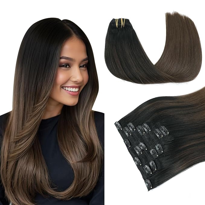 PINKPEARL Clip in Hair Extensions, 16 Inch 7pcs 120g #1BT4 Balayage Natural Black to Chocolate Brown, Hair Extensions Real Human Hair Clip Ins Natural Straight Hair for Women(#1BT4-16)
