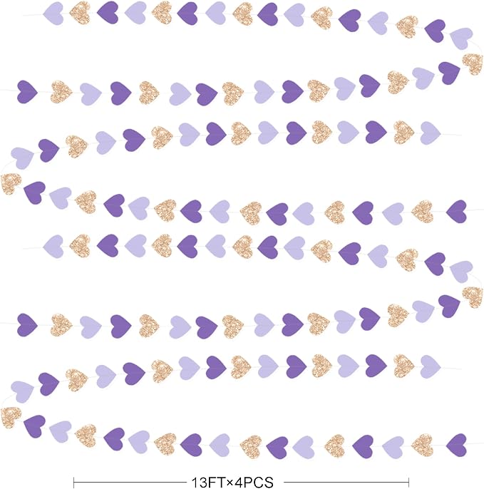Champagne Gold Purple Heart Party Decorations Glitter Paper Love Heart Hanging - Image 2