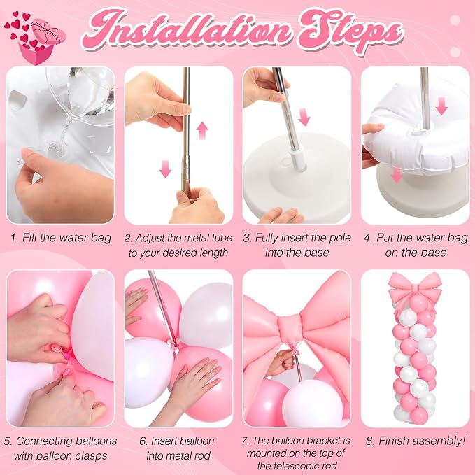 2 Sets Pink White Bow Balloon Column Stand Kit Includes 2 Bows & 100 Latex - Image 4
