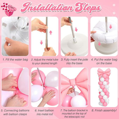 2 Sets Pink White Bow Balloon Column Stand Kit Includes 2 Bows & 100 Latex - Image 4