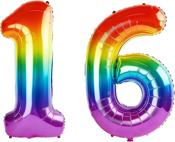 40 Inch Number 16 Balloons for 16th Birthday Party Decorations, 0-100 Rainbow by FOBELEC