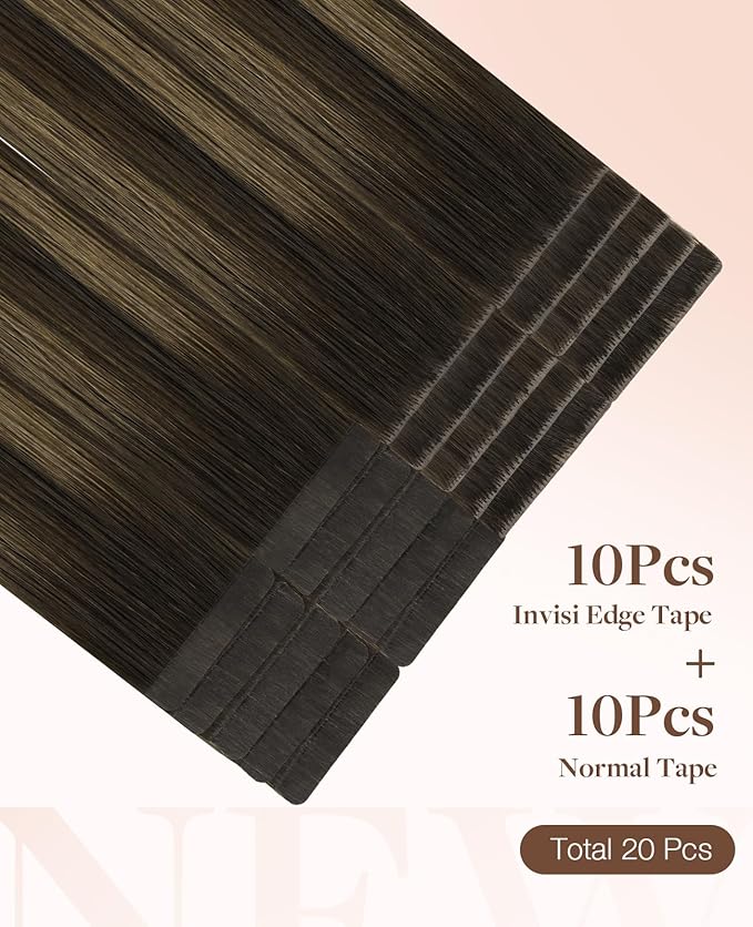 GOO GOO Invisi Edge Tape in Hair Extensions Human Hair, 2/6/2 Balayage Dark Brown to Chestnut Brown 10pcs injected with 10pcs classical tape ins, 18inch 50g, Virgin Remy Hair, Natural Look