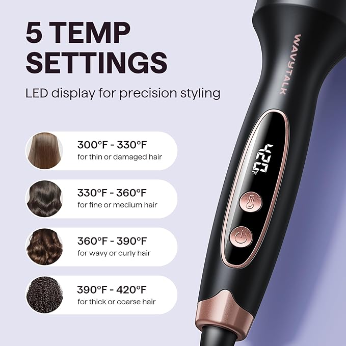 Wavytalk Thermal Brush, Blowout Boost 1.5 inch Heated Round Brush for Blowout Look, Negative Ion Technology, Ceramic Tourmaline, 5 Temperature Settings, Dual Voltage, Purple, Less Damage