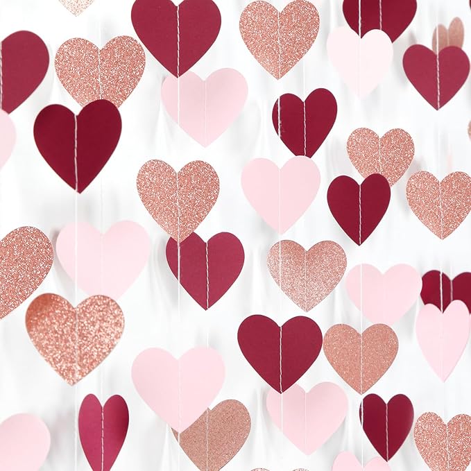 Burgundy-Red Rose-Gold Valentines Party-Decorations Heart-Garland - 52ft Pink by Burgleda