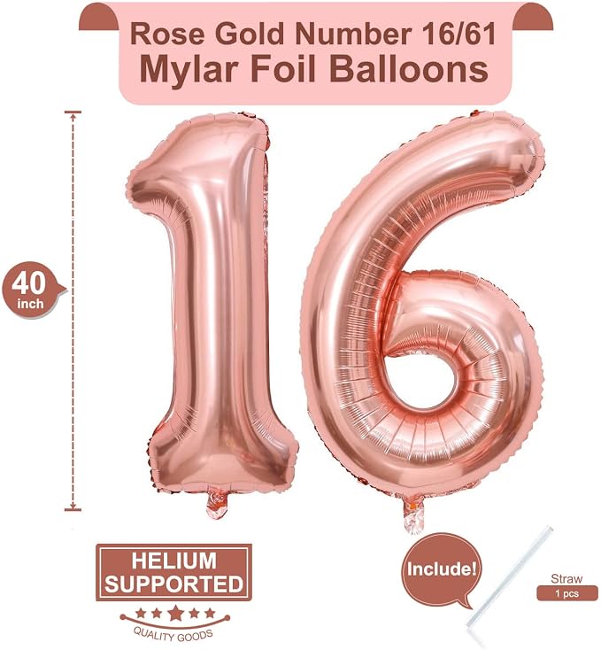 40 Inch Rose Gold 16 Number Balloons Giant Jumbo Huge 16 61 Foil Mylar Helium - Image 2