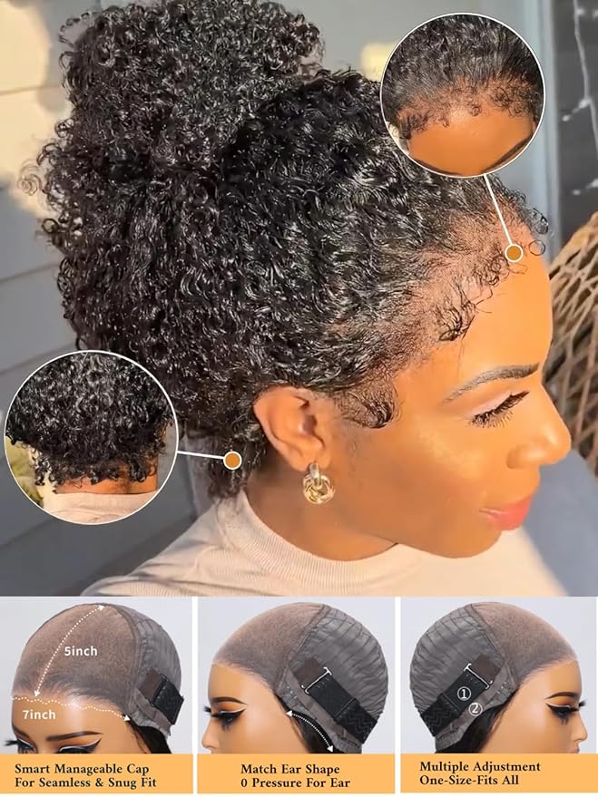 Julia Hair Bye Bye Knots 4C Kinky Curly Glueless Natural Hair Wig 7x5 Pre Cut HD Lace Front Kinky Edges Hairline Wig Pre Bleached Pre Plucked Virgin Hair with Baby Hair for Black Women 20 Inch