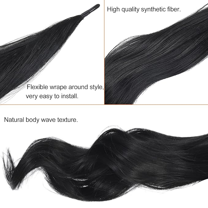 Chicmoi Black Ponytail Extainson 32 Inch Flexible Wrap Around Ponytail Hair Extension Long Wavy Pony Tails hair Extension 1B Natural Black Synthetic Hairpieces For Women and Girls