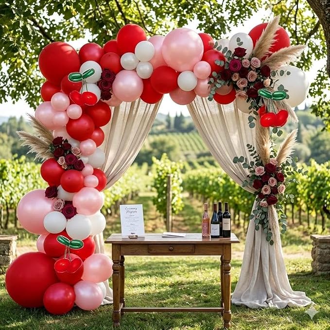 Red Pink Balloon Arch Double Stuffed Latex Pink White Pearl Balloons Red Green - Image 5