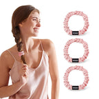 THXSILK 100% Mulberry Silk Scrunchies 3-Pack, 25 Momme Mulberry Silk Hair Ties for Women, Sleek Low Profile No Damage Ponytail Holders, for Fine Hair & Everyday Use, Pink