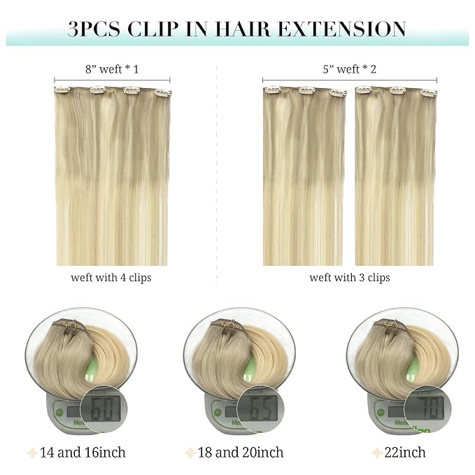 DOORES Hair Extensions Clip in Human Hair, 3pcs 65g 18 Inch Balayage Ash Blonde to Golden Blonde and Platinum Blonde Clip in Hair Extensions Straight Natural