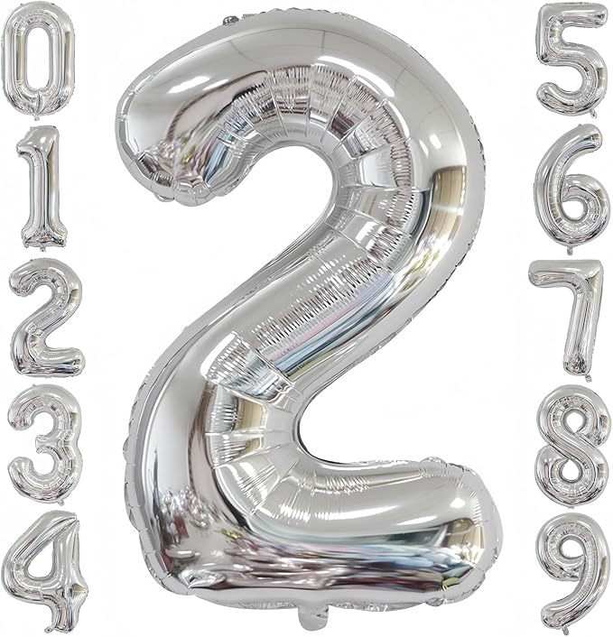 Silver 2 Balloon, 40 Inch Number 2 Balloon, 2 Birthday Balloon Decorations by BBPOOL
