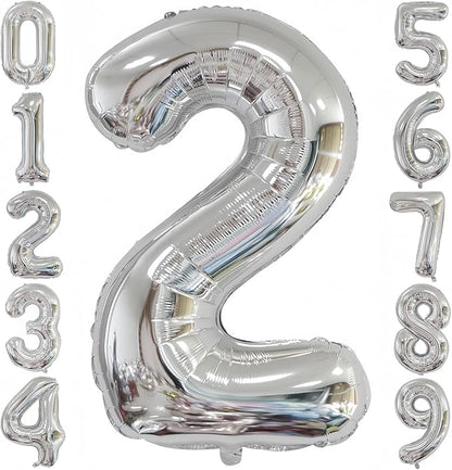 Silver 2 Balloon, 40 Inch Number 2 Balloon, 2 Birthday Balloon Decorations by BBPOOL