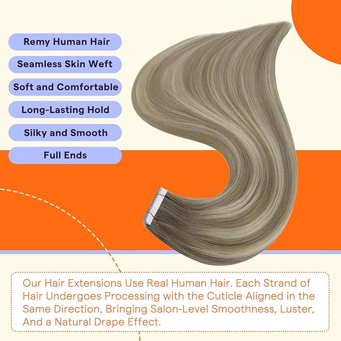 Full Shine Human Hair Tape in Extensions Color 19/8/60 Blonde and Brown Balayage 20PCS Invisible Remy Soft Double Sided Tape in Hair Extensions Human Hair 50 Grams Natural Straight 16 Inch for Party