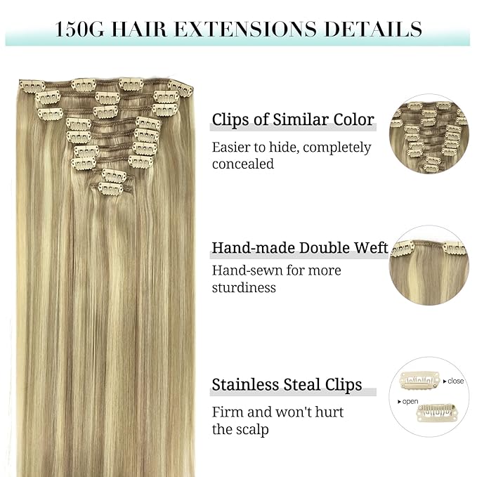 DOORES Hair Extensions Real Human Hair, Light Blonde Highlighted Golden Blonde 150g 9pcs 16 Inch, Remy Hair Extensions Clip in Human Hair Extensions For Women Clip in Straight Thick Hair Extensions