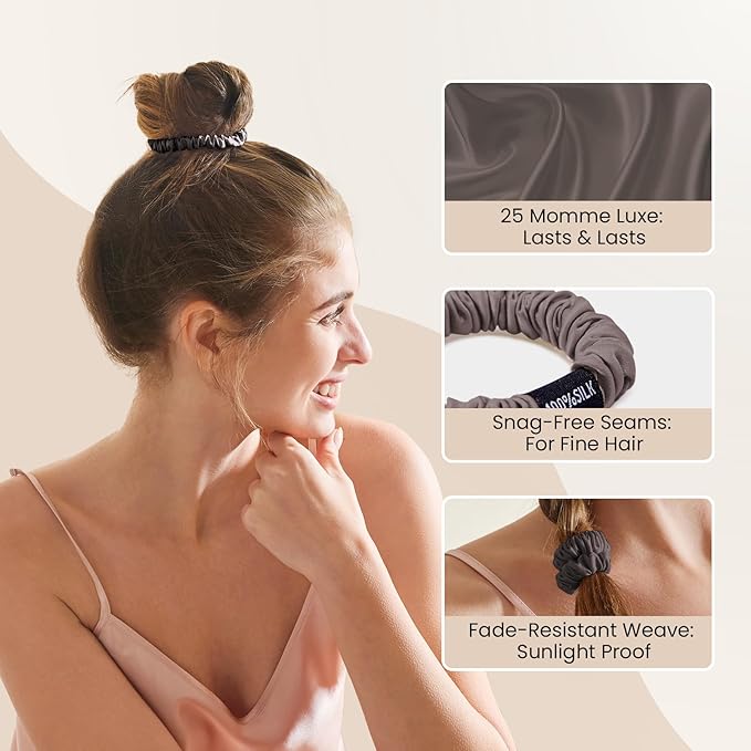 THXSILK 100% Mulberry Silk Scrunchies 3-Pack, 25 Momme Mulberry Silk Hair Ties for Women, Sleek Low Profile No Damage Ponytail Holders, for Fine Hair & Everyday Use, Charcoal