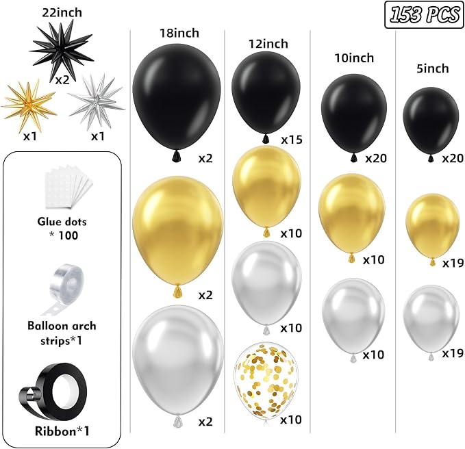 Black Gold and Silver Balloon Arch Garland Kit 153pcs - Image 2