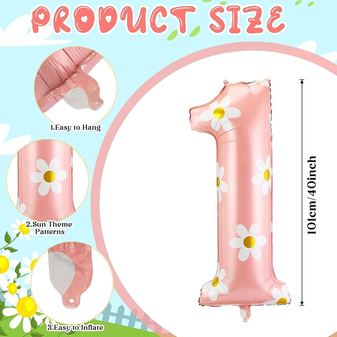 Jenaai 40 Inches Daisy Number Balloon Pink Inflating Foil Balloons Boho - Image 2