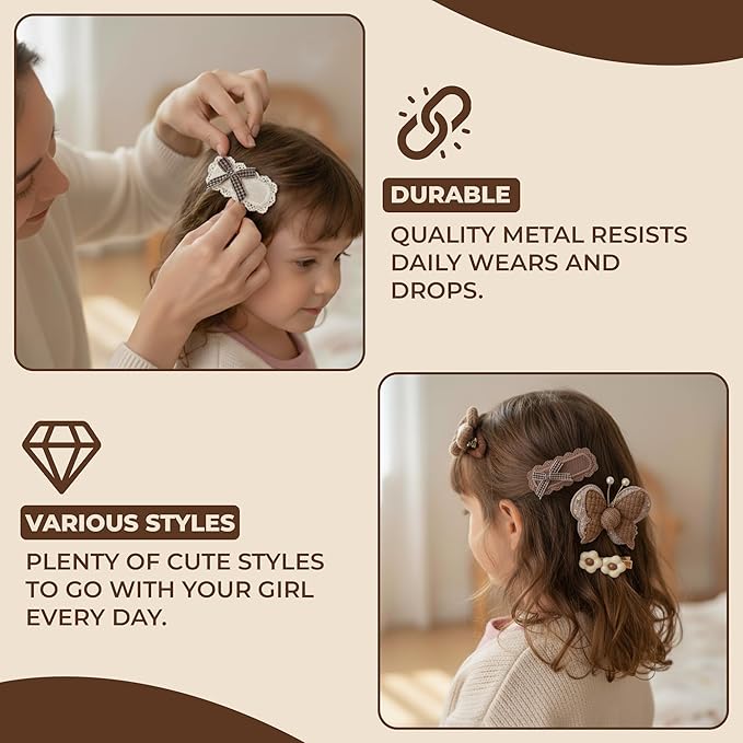 Hair Clips for Baby Girls-8 Pcs Beige Hair Accessories with Knitted Flower, Bow, Butterfly Designs-Soft Wool and Crochet Hairpins-Non-Slip Barrettes for Daily and Occasional Wear (Design 4-8pc Set)