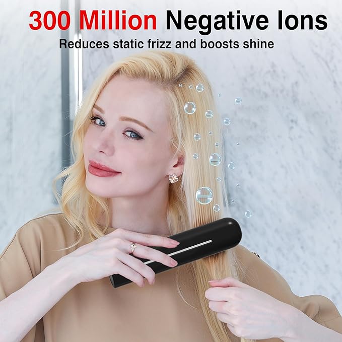 Hair Straightener Brush Cordless, 30s Fast Heating 300Million Negative Ions Hair Straightening Comb Frizz-Free with 6 Temps, 10000mAh Rechargeable Battery Portable for Women Travel Quick Touch-ups