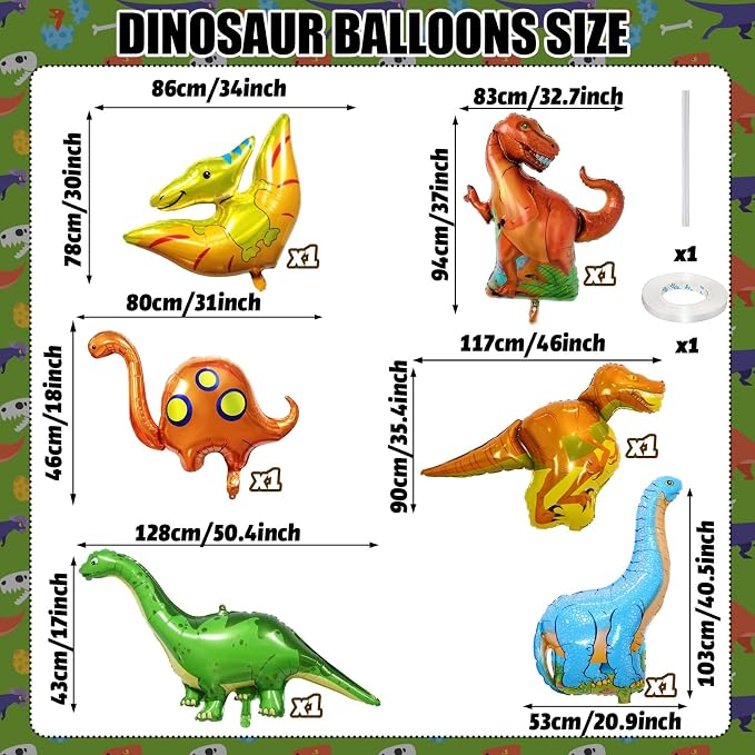 Dinosaur Foil Balloons Set, 6 Pieces Large Dinosaur Mylar Helium Balloons - Image 2