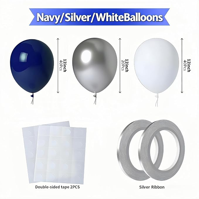 Navy Blue White and Silver Balloons 100 Pack 12 Inch White and Silver Metallic - Image 2