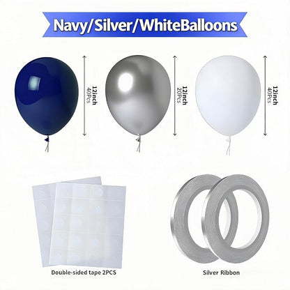 Navy Blue White and Silver Balloons 100 Pack 12 Inch White and Silver Metallic - Image 2