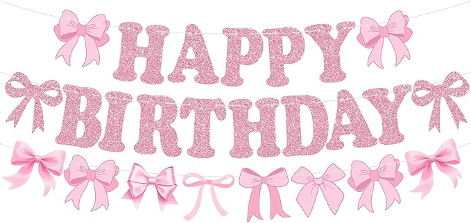 Glitter Pink Bow Happy Birthday Banner Pre-Strung Coquette Birthday Decorations by RICHHHA