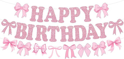 Glitter Pink Bow Happy Birthday Banner Pre-Strung Coquette Birthday Decorations by RICHHHA
