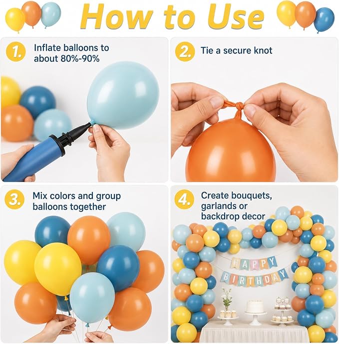 Retro Blue Yellow Orange Balloons, 12 Inch here come balloon Blue and Orange - Image 8