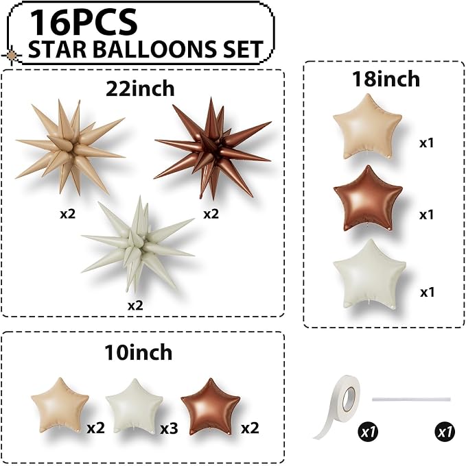 Cream Caramel Brown Star Balloons, 22/18/10 Inch Foil Neutral Balloons - Image 2