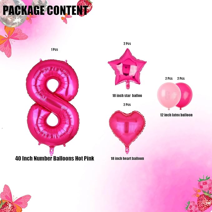 40 Inch Number Balloons Hot Pink 8 Cowgirl Pink 8th Birthday Decor 9 Pcs | - Image 2