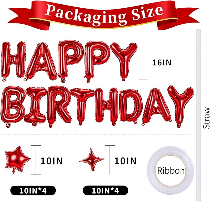 Red Happy Birthday Balloons Banner 16 Inch Mylar Foil Letters, 10 Inch Five & - Image 3