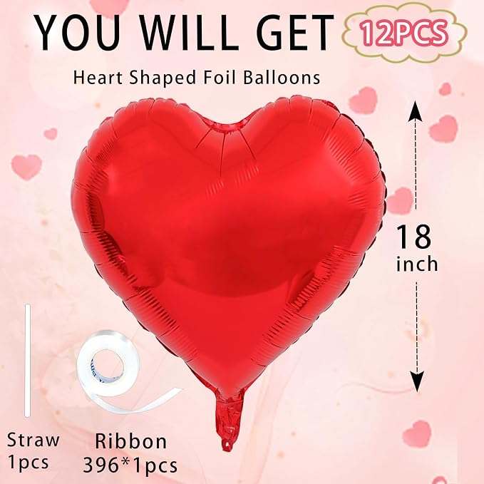 Red Heart Ballloons, 18 Inch Bright R Foil Love Heart Shaped Balloons 12Pcs Red - Image 2