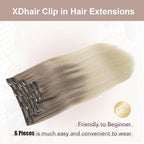 XDhair Clip in Hair Extensions Human Hair 120g18 Inch Balayage Ombre Ash Brown to Platinum Blonde Double Weft Clip in Hair Extensions 6pcs for Women(18, #8T60)