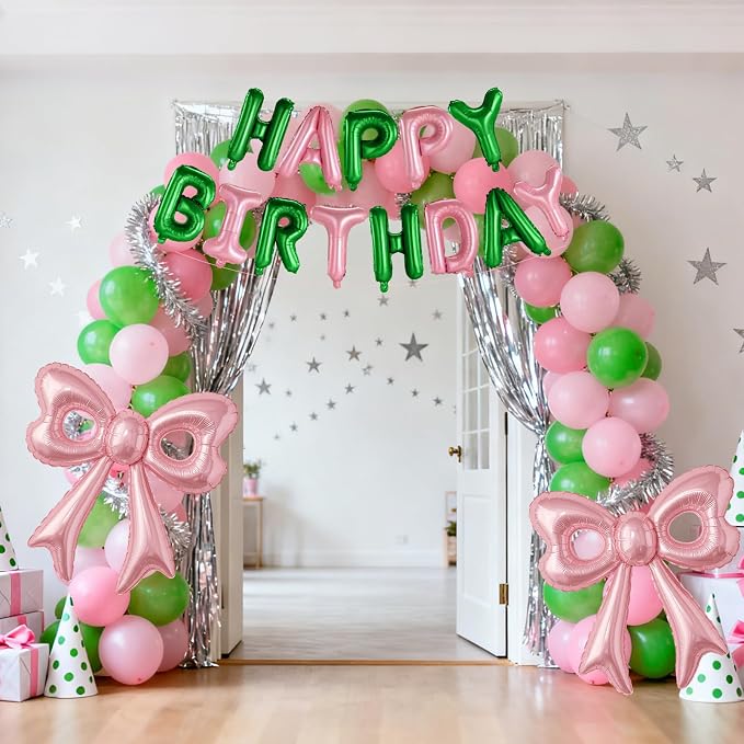 Pink and Green Happy Birthday Balloons, 31”Huge Pink Bow Aluminum Foil Balloons - Image 8
