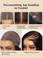 KLAIYI Water Wave Pre Cut 360 Full Lace Frontal Glueless Wig Human Hair Drawstring Pre Plucked Bleached Bye Bye Knots Pre Everything Ready to Wear And Go Curly Beginner Wig with Baby Hair 180% 22Inch