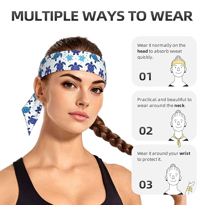 Boys Girls Sports Sweat Bands, Boho Style Long Head Band for Yoga Travel Spa, Cool Vintage Sea Turtle Headdress Hair Accessories