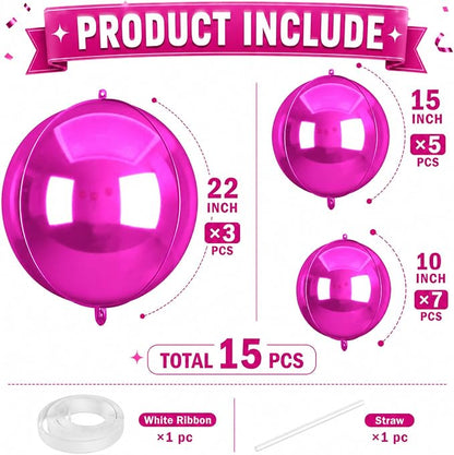 15 Pcs Hot Pink Round Foil Balloons, 22/15/10 Inch 4D Ball Balloons Hot Pink - Image 2