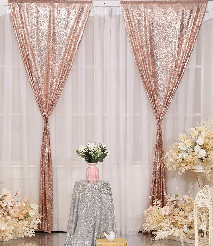 Poise3EHome Rose Gold Sequin Backdrop, 2 Panels 2FTx8FT Glitter Background - Image 2