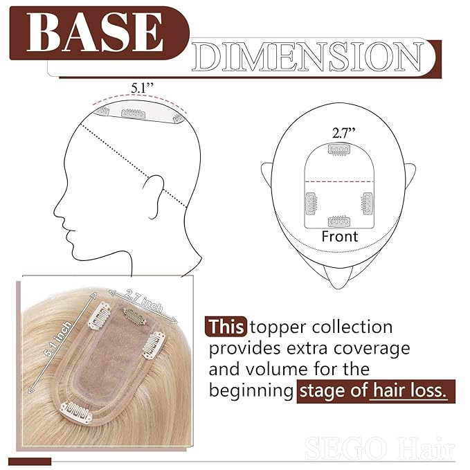 SEGO Human Hair Topper for Women, No Bangs Real Hair Topper with Anti-Slip Clips (8 Inch#18/613 Ash Blonde Mix Bleach Blonde)