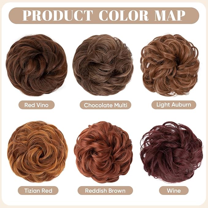 SARLA 2PCS Messy Hair Bun Hair Pieces Wavy Curly Synthetic Updo Fake Scrunchies Ponytail Extension for Women Red Vino