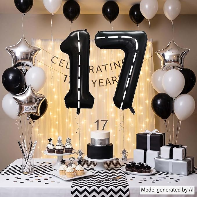 Black and White Stripes Number 17 Balloon 40 Inch, Road Style Numeral | Chic - Image 3