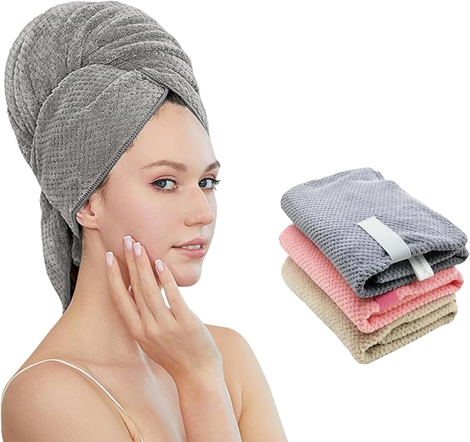 Women Microfiber Hair Towel Wrap with Elastic Strap,Super Absorbent Anti Frizz Drying Turban for Curly, Long,Wet Hair- Grey