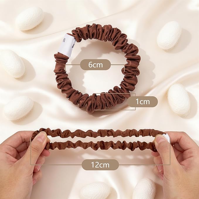 4 Pcs Silk Hair Ties, 22 Momme 100% Mulberry Hair Band, Silk Scrunchies for Women and Girls, 6A Grade No Damage Ponytail Holders (0.4in Width, Brown)