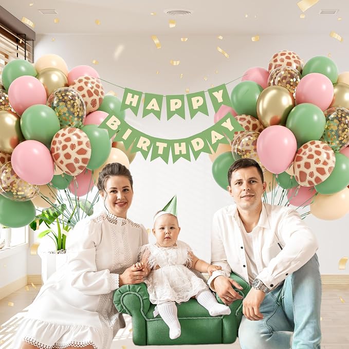 12inch Safari Balloons with Green Pink Nude Metallic Gold Confetti Balloons | - Image 7
