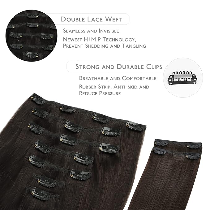 WENNALIFE Clip in Hair Extensions, 150g 16 Inch 9pcs Dark Brown Remy Hair Thicker Double Weft Extensiones De Cabello Humano Con Clip Ins Straight Full Volume