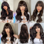 EMMOR Brown Wig with Bangs Long Body Wave Wig for Women Heat Resistant Synthetic Wigs Natural Looking